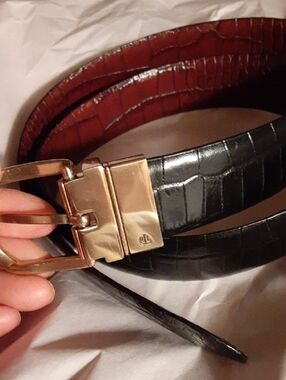 Ralph Lauren Reversible Croc-Embossed Leather Belt in Black/Brown Sz M